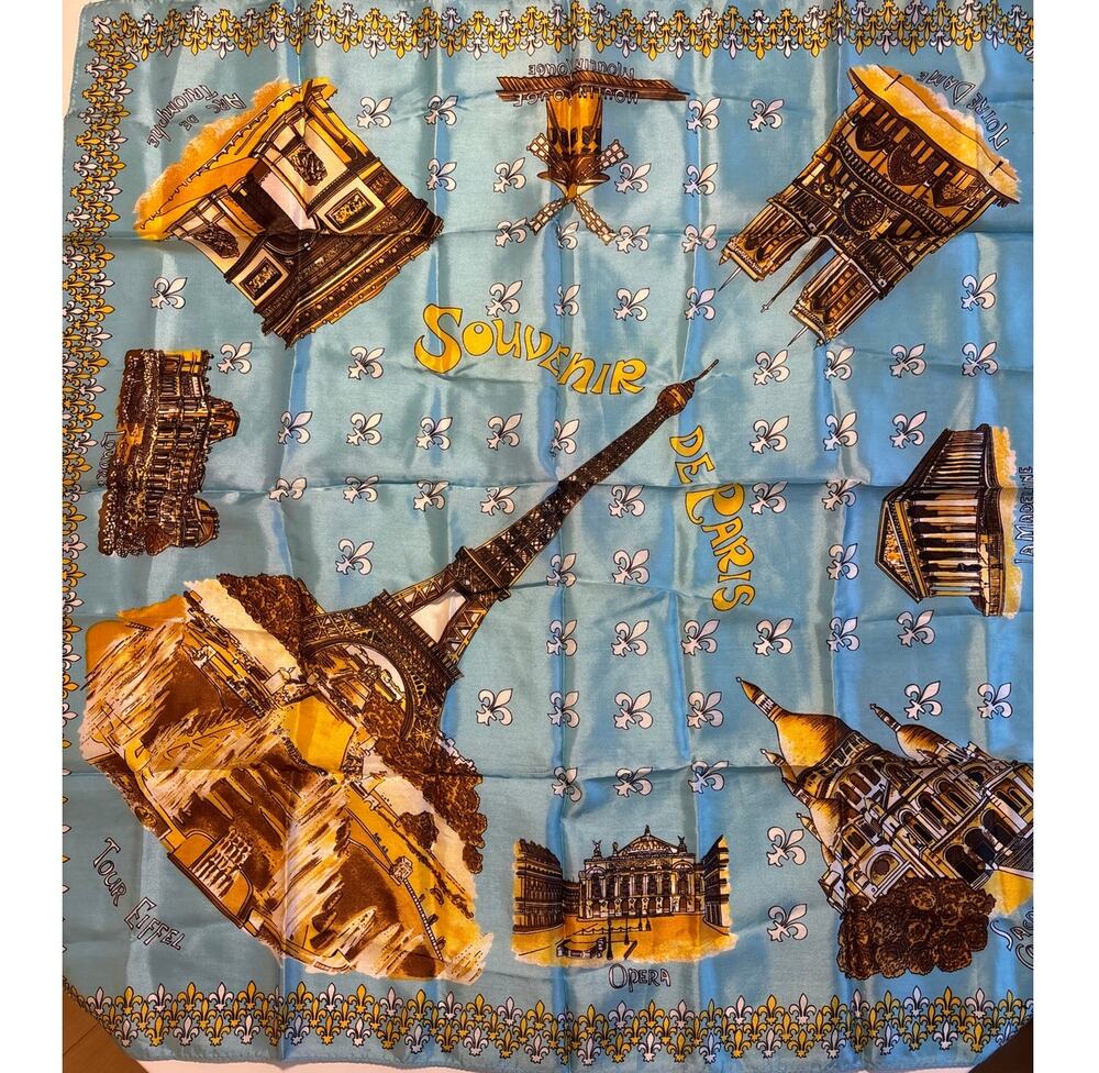 Silky Souvenir de Paris scarf blue & gold satin finish square tourist sites